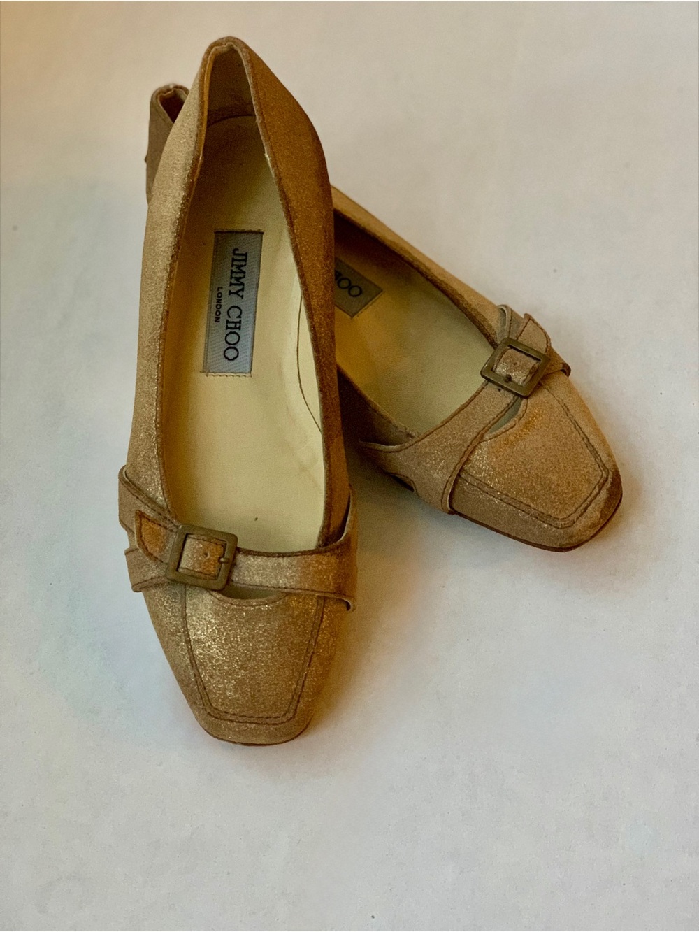 Jimmy Choo Gold Suede Buckle Loafers